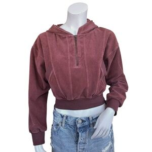 Anthropologie Daily Practice Reddish Brown Velour Corduroy Cropped Hoodie XS